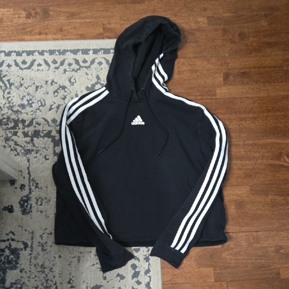 Adidas Black and White Cropped Sweatshirt with Signature Stripes